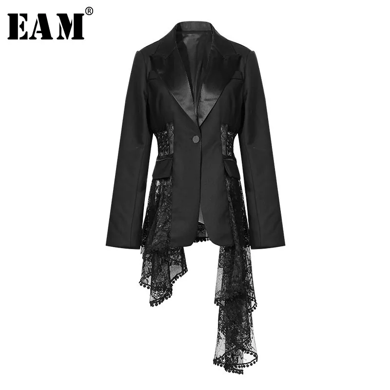 

[EAM] 2019 New Spring Lapel Long Sleeve Black Irregular Temperament Lace Split Joint Jacket Women Coat Fashion Tide JG964