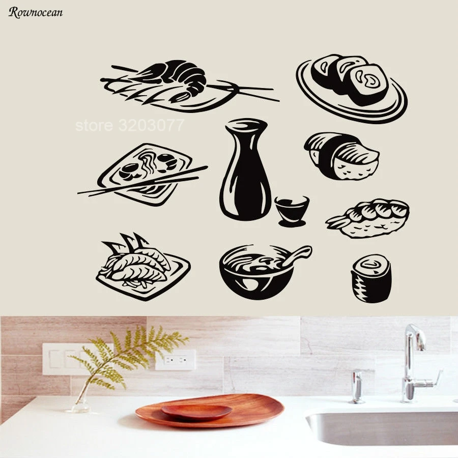 

9 Pcs/Set Seafood Wall Decals Sushi Vinyl Food Plane wall Sticker Kitchen Home Decor Cafe Restaurant Removable Art Murals K-19