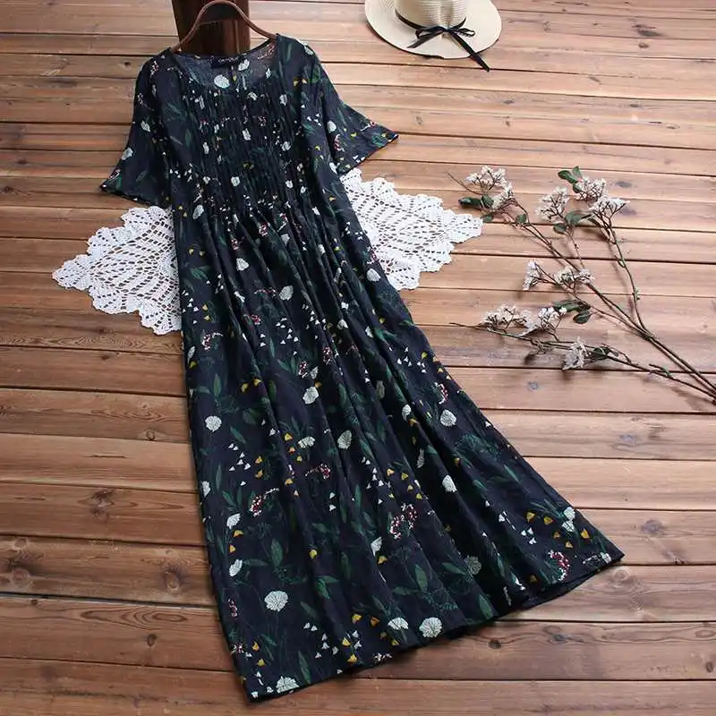 Женское винтажное хлопковое льняное платье с цветочным принтом, летнее платье с круглым вырезом и коротким рукавом, богемное длинное платье