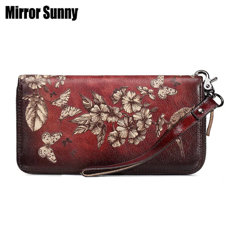 

Retro Wallet For Women Flower Butterfly Bird Pattern Leather Long Zipper Purse Female Cowhide Wristband Clutch Wallet Coin Purse