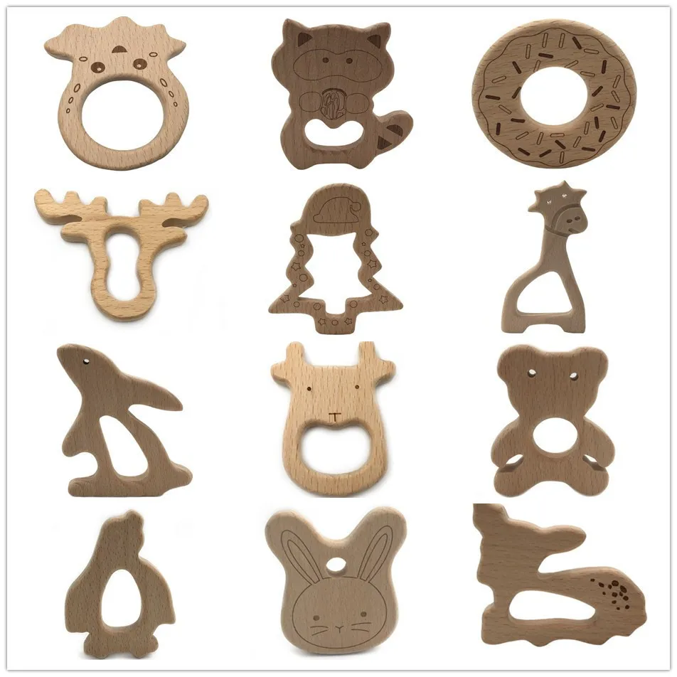 

3 pcs Beech Wooden Teether Nature Baby Teething Toy Organic Eco-friendly Wood Teething Holder Nursing Baby Teether