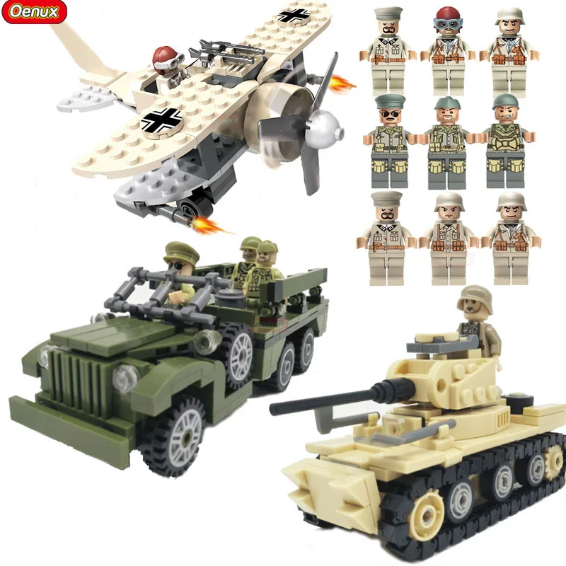 

Oenux 2017 World War 2 North Campaign Military Vehicle Model MARK1 Tank Dodge WC63 Krupp Artillery 82 Building Block Brick Toys