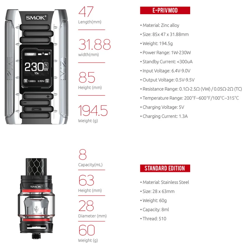 Оригинальный SMOK E priv 230 Вт TC комплект с 8 мл/2 мл TFV12 Prince Tank & использует V12 Mesh Coil VS Smok X
