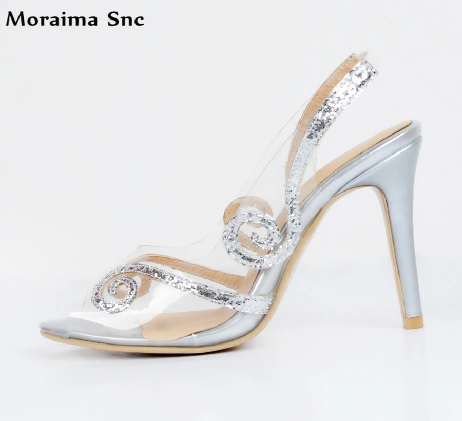 

Moraima Snc Sexy women party pumps Transparent peep toe bling Decoration slip-on Stilettos heel slingback high quality