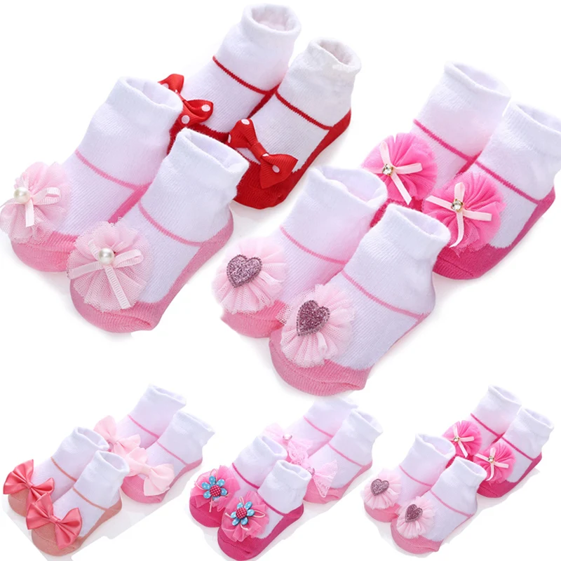 

2Pairs/Lot Newborn Baby Socks Lace Bowknot Baby Girl Socks Princess Infant Short Floor Socks Spring Summer Sokken 0-12M