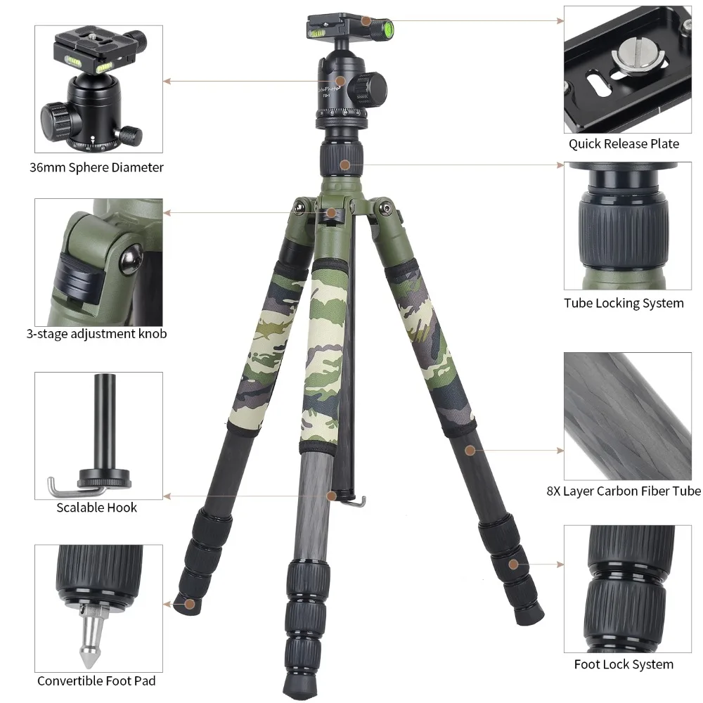 XILETU T284C+FB1 Camouflage Carbon Fiber Tripod
