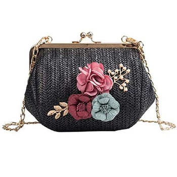 

BEAU-Summer Flower Straw Bag Ladies Floral Evening Bags Fashion Small Chains Shoulder Bag Travel Beach Woven Bags