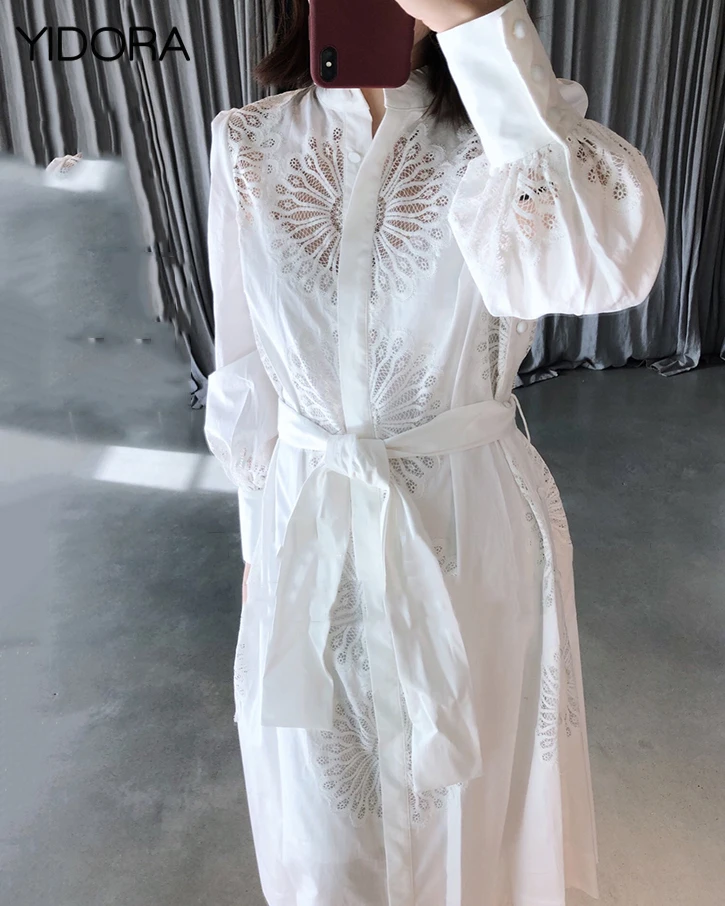 

Stylish 2018 New Women Unbridled Primrose Dress - Button Up Lace Embroidery Shirtdress With Stand Collar & Waist Selft Tie Belt