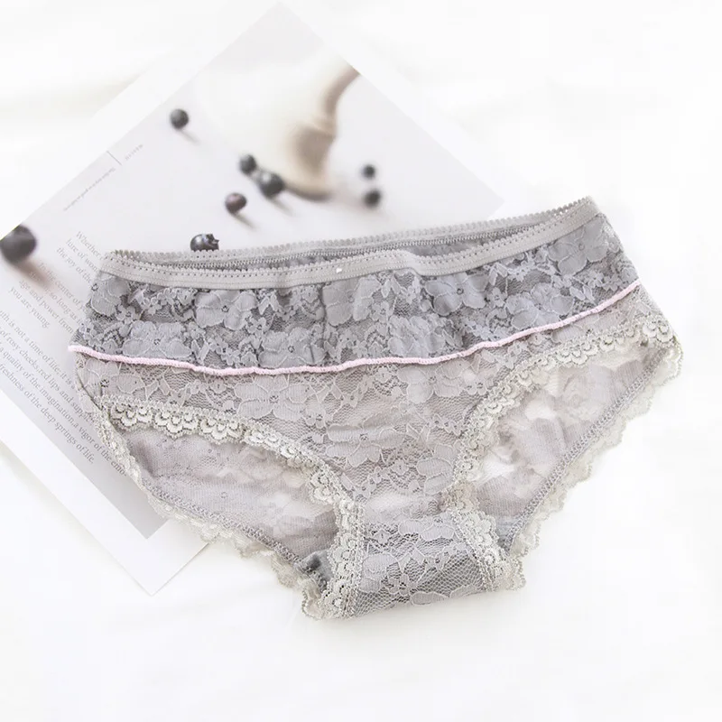 

IOLPR Korean Kawaii summer Women Lace sexy cotton Panties underwear Hollow flowers cute low waist ladies Briefs panties gray