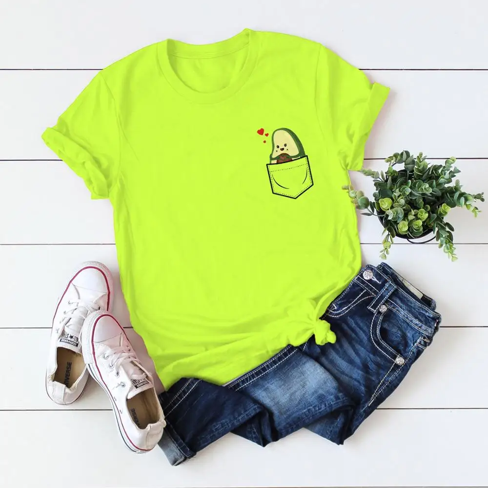 SINGRAIN/женская футболка с карманом авокадо; летние милые базовые Топы с героями мультфильмов; Повседневная футболка с короткими рукавами; негабаритная Милая хлопковая футболка для веганов