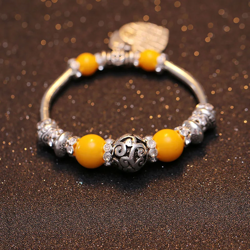 Vintage Charm Bracelets Antique Silver Plated Metal Crystal Beads Charm Yellow Color Round Stone Beads Bracelets for Women