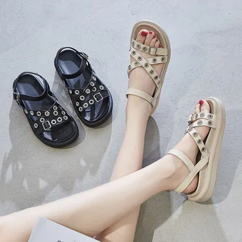 

sandalias mujer 2019 Shoes Women Platform Sandals Summer New Fashion Brand Rivets zapatos de mujer Real Leather Ladies footware
