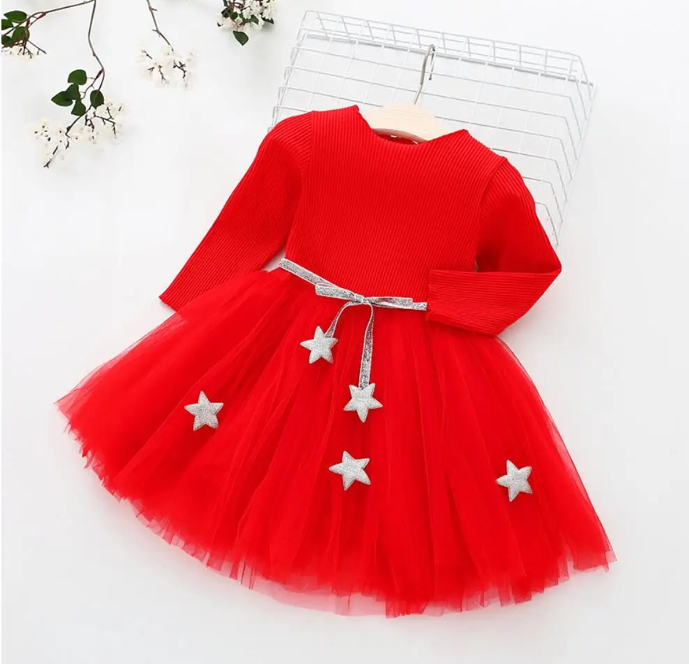 Christmas New Year dresses for baby girls clothing Knitted tutu dress Pentacle belt long sleeve party Vestidos clothes children