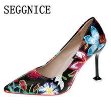 SEGGNICE Women High Heel Shoes 9CM Flower Embroidered Classic Ladies Party Sexy Shoes Women's Pumps Toe Pointed Heels Female цена SEGGNICE Women High Heel Shoes 9CM Flower Embroidered Classic Ladies Party Sexy Shoes Women's Pumps Toe Pointed Heels Female цены онлайн