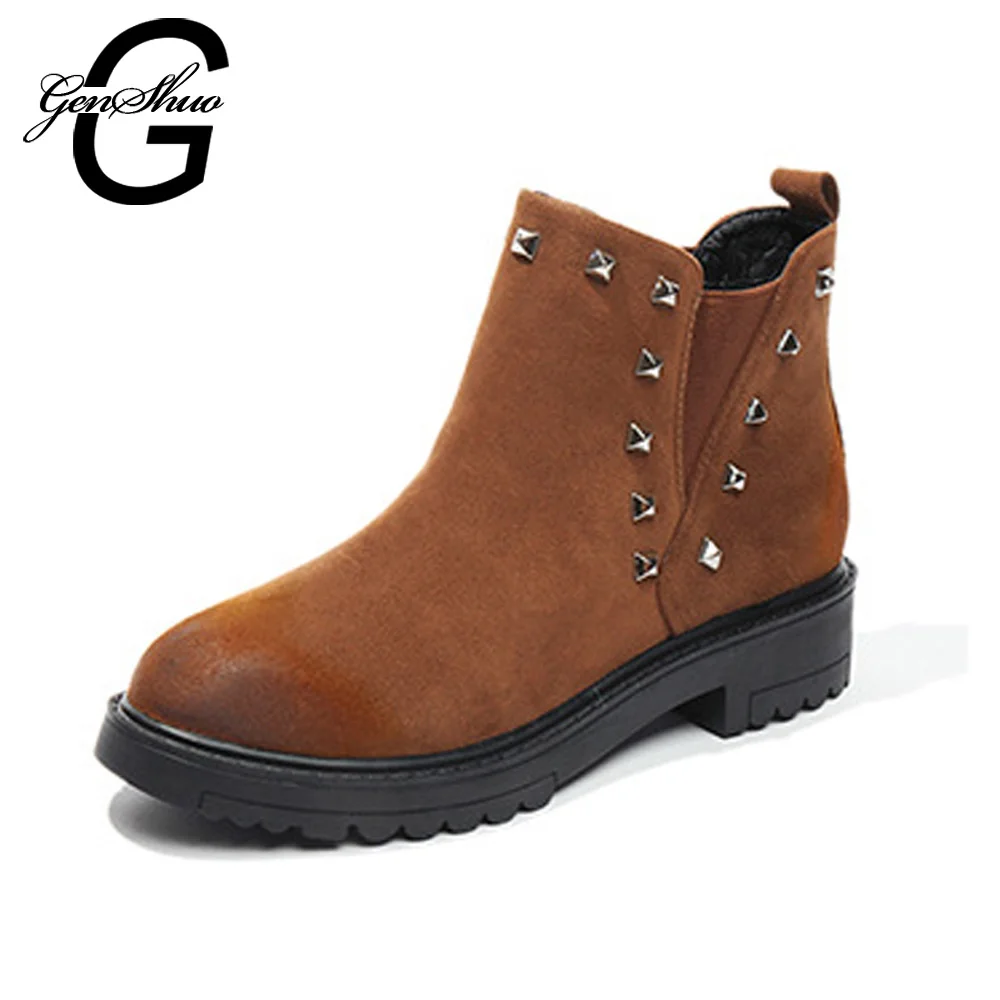

GENSHUO 2018 Winter Boots Women Shoes Fashion Retro Rivet Women Boots Warm Flat Shoes Short Plush Women's Boots Round Toe Black