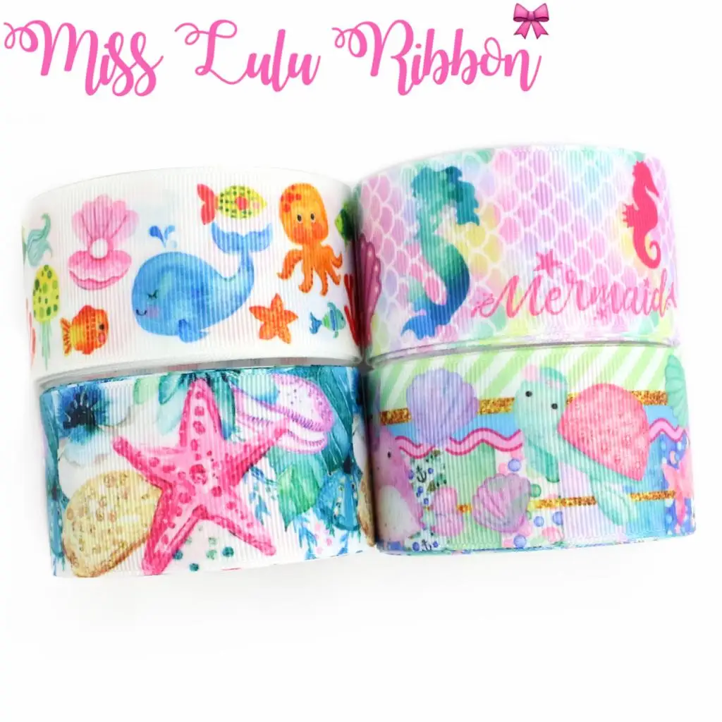 

16mm-75mm Coloful Scale Mermaid Girl Starfish Shell Whale Printed Grosgrain/Foe Ribbon Cupcake DIY Hair Bowknots 50yards/roll