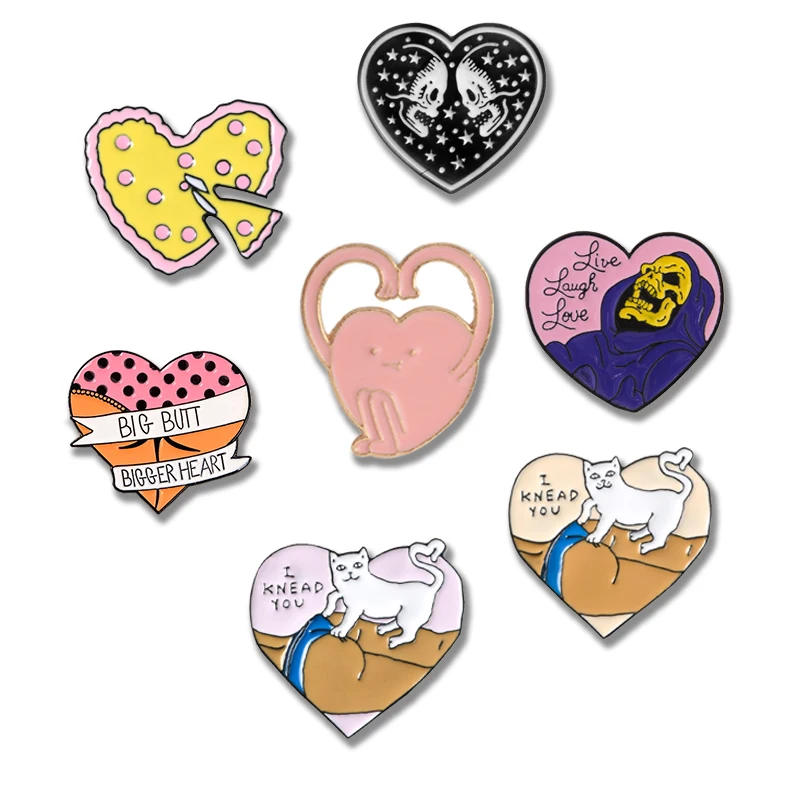 

Funny Punk Heart shape enamel Pins Masseur cat Halloween laughing out loud skull Pizza lapel pin Brooches Jewelry Shirt Badges