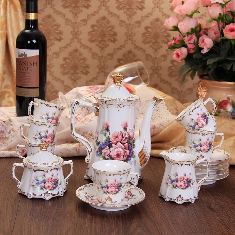 Full Set Luxury Rose Bone China Coffee Drinkware Porcelain Tea Cup Mug Tray Ceramic Teapot Pot