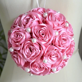 

ramo de novia para boda 2017 Flower girl kissing ball Dark Pink wedding flower ball pearls beaded Rose flowers wedding decor