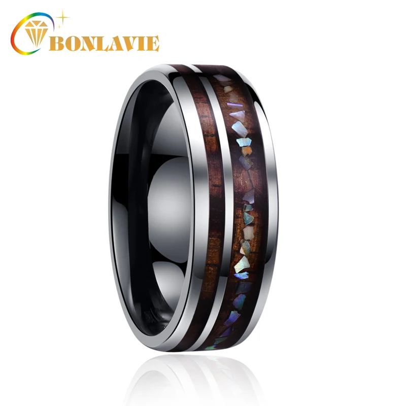 

BONLAVIE 2018 New Fashion Wood Surface Inlay Broken Shell Tungsten Steel Rings Handmade Men's Ring Finger Jewerly Male Gift