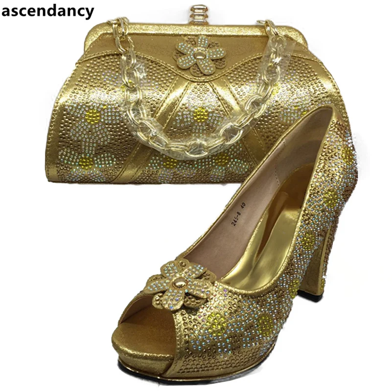 

Matching Shoes and Bag Set In Heels Gold Color Ladies Matching Shoes and Bag Set Decorated with Rhinestone African Shoes and Bag