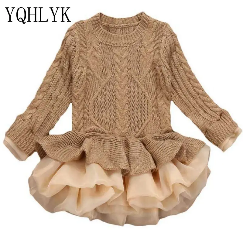 

New Fashion Autumn Winter Girl Dress 2017 Europe Style Children Knit Long-Sleeved Princess Dresses Sweet Cute Kids Clothes W55