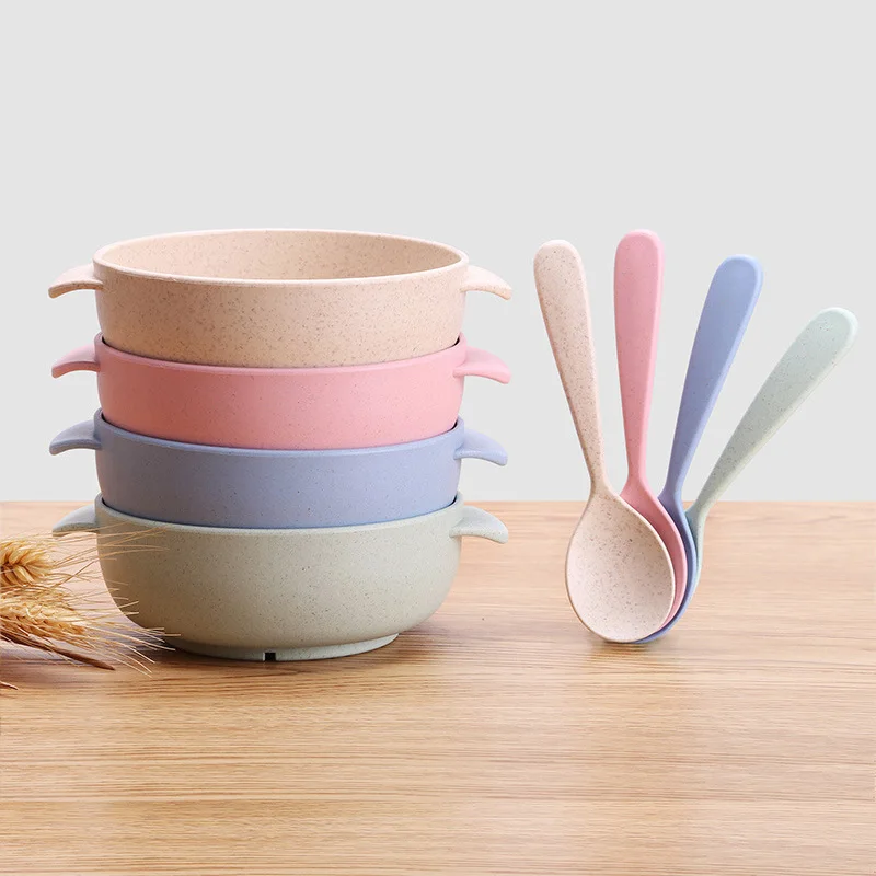 

New 2 Pcs/Set Baby Bamboo Fiber Dinnerware Set 4 Colors Kids Training Tableware Children Solid Feeding Bowl Dishes With Spoon