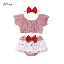 Коллекция года, летняя одежда для малышей Одежда в полоску для новорожденных девочек укороченный топ с короткими рукавами и кружевным бантом, шорты и повязка на голову, комплекты одежды