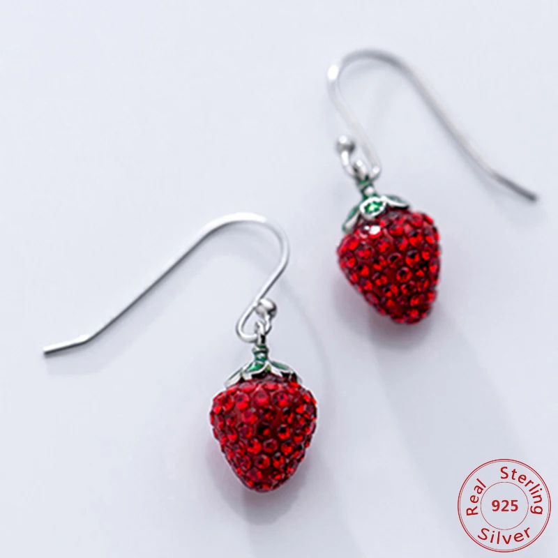 

Cute Fruit Cherry Strawberry Earrings 925 Sterling Silver Rhinestone Crystal Jewelry Drop Earrings For Girls Party Accessories
