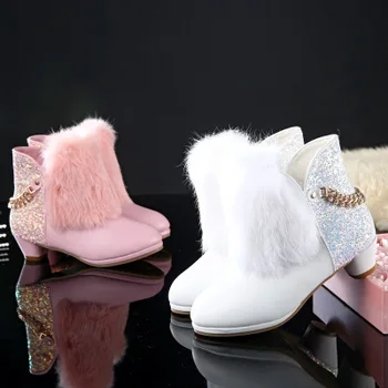 

Autumn and winter new children's solid color boots girls boots bright crystal cotton boots children's big children's fur high he