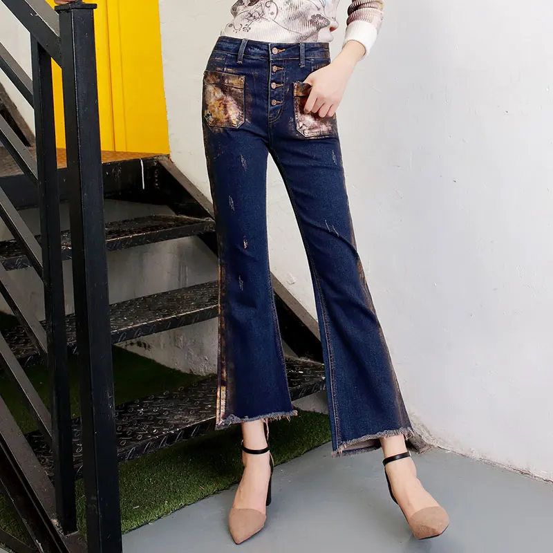 Pantalones De En Oro Volar Para Rayado Mujer Arrancado Estampado Botón Borla Caliente Mujeres Jeans Flare Primavera Otoño Denim qXz0ZZ