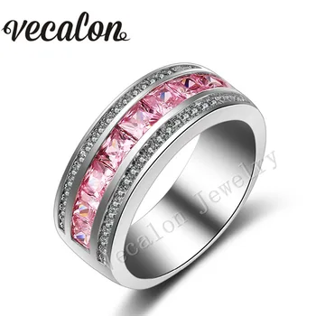 

Vecalon New Pink stone AAAAA Zircon Cz Wedding Band Ring for Women 10KT White Gold Filled Female Engagement Band Sz 5-11