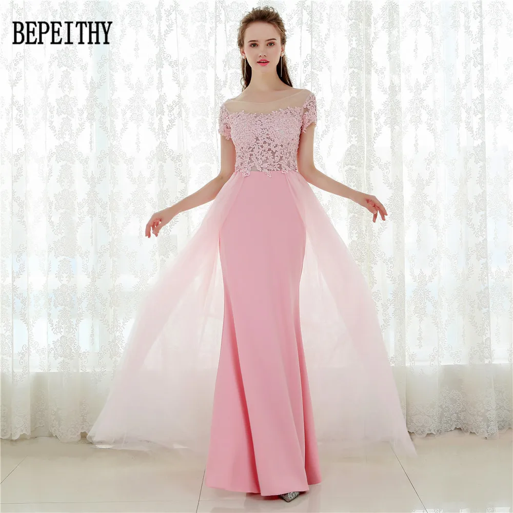 02  BEPEITHY Vestido De Festa Short Sleeves Pink Chiffon Long Prom Dresses Mermaid Evening Dress Party Elegant 2017 (3)