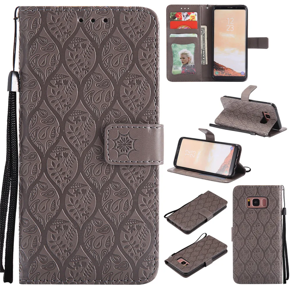 

3D Embossed Rattan Flowers Flip Case For Samsung Galaxy S8 PU Leather Silicone Luxury Wallet Holster Cover For Samsung S8 Case