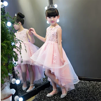 

sleeveless mesh flower girls dress 2017 girls ball gown short front long back beading appliques princess party dresses QX280