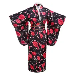 Черный красный цветок японский Для женщин Мода традиция кимоно юката с Оби Винтаж Косплэй костюм вечернее платье один размер