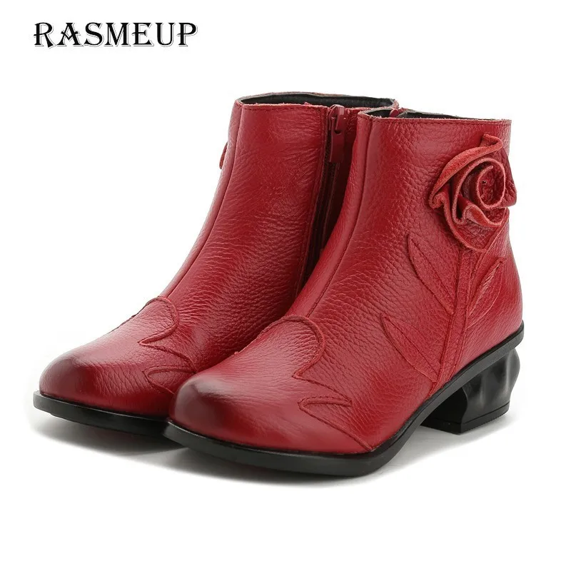 

RASMEUP Genuine Leather Handmade Flower Women's Ankle Boots 2018 Autumn Winter Vintage Women Shoes Woman Retro Mid Heel Boots