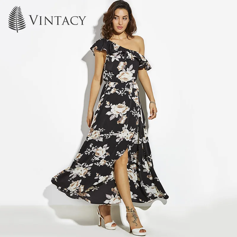 Vintacy 2018 новые дизайнерские женские черные длинное платье косой воротник Лето