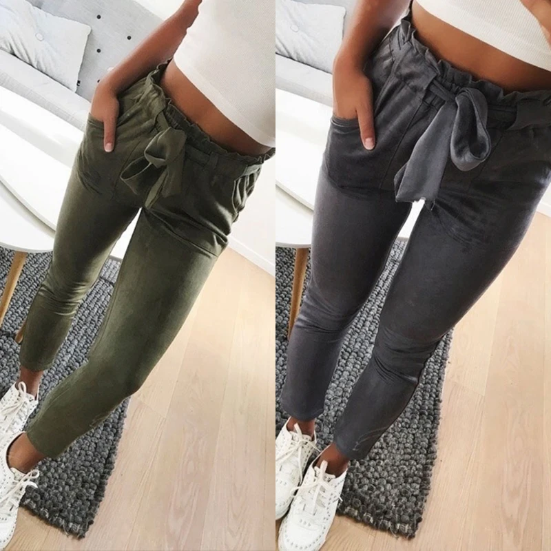 

New fashion winter women suede pants style ladies Leather bottoms female trouser Casual pencil pants high waist trousers 2018