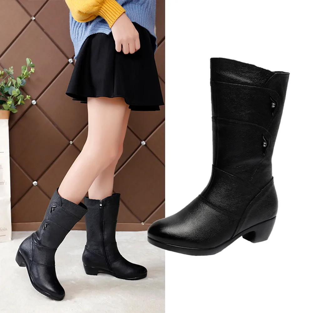 

Women's Western Boots Leather Winter Boot Pointed Toe Side Zipper 2019 Stylish Long Tube Mid Heels Botas Mujer Warm Party Shoes