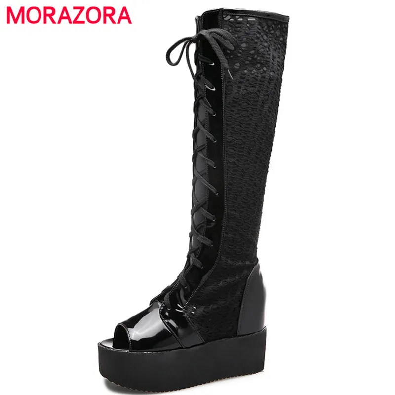

MORAZORA Summer shoes knee high long boots fashion elegant height increasing lace-up cool boots woman peep PU+lace platform