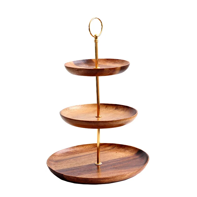 

1pc Round Natural Wood Serving Tray Wooden Plate Food Server Dishes Fruit plate European Three-layer Dessert Wooden Plate