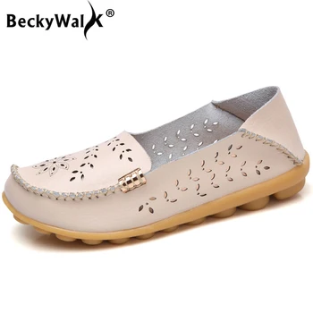 

BeckyWalk 2020 New Spring Summer Women Flats Breathable Genuine Leather Women Shoes Soft Sole Loafer Casual Shoes Woman WSH2672