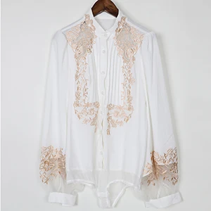 SEQINYY рубашка с вышивкой весна лето Женская Новая Винтажная черная плиссированная элегантная Роскошная тонкая рубашка - Цвет: Белый