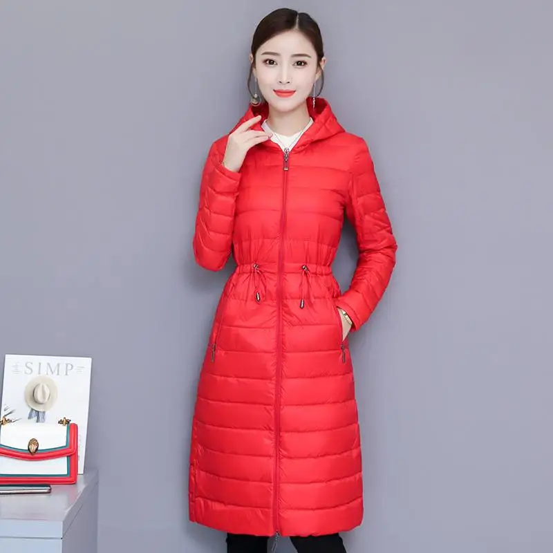 Fitaylor зимние Для женщин куртка-пуховик на утином пуху средней длины тонкий парки с капюшоном 90% ультра светильник пуховое пальто Повседневное одежда OL - Цвет: Red