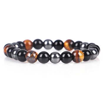 

Handmade Tiger Eye & Hematite & Black Obsidian Stone Bead Bracelet Men Charm Round Chain Beads Bracelets For Wom Pulseras