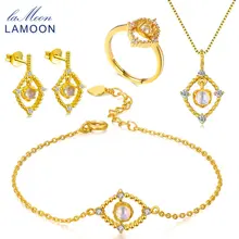 LAMOON S925 стерлингового серебра натуральный лунный камень ювелирные комплекты камней ювелирных украшений для Для женщин свадебные Юбилей Bijouterie V046-1