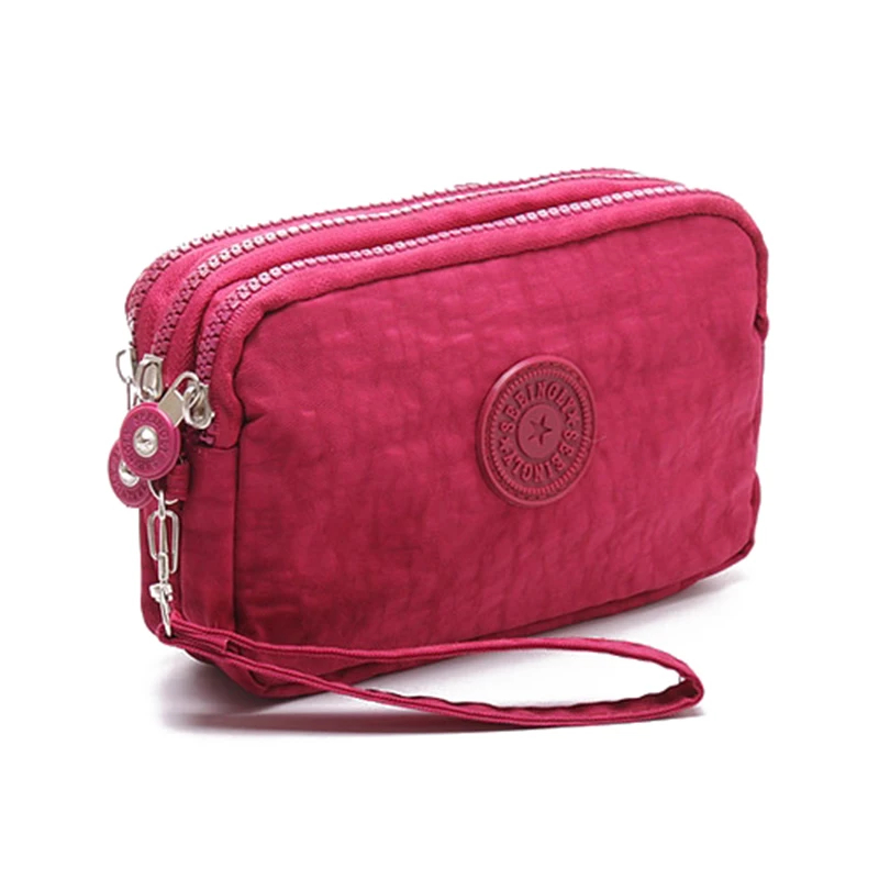 JHD женский маленький кошелек с эффектом потертости и морщин, тканевый кошелек для телефона с тремя молниями, портативная косметичка, красная роза - Цвет: Hot Pink