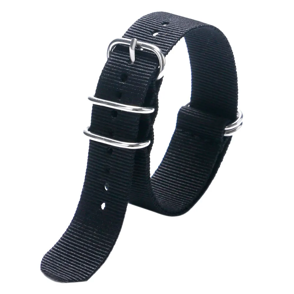 Fashion Cool Black 20mm 22mm Fabric Nylon Canvas Watch Strap Band Replacement With 5 Rings For