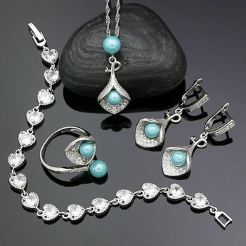 

925 Silver Jewelry Sets For Women White Cubic Zirconia Blue Pearls Beads Earrings Necklace Pendant Open Ring CZ Bracelet